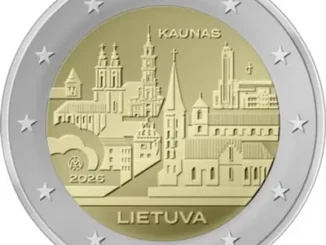 Lithuanian 2-euro commemorative coin for 2026, featuring the historical monuments and architecture of the city of Kaunas
