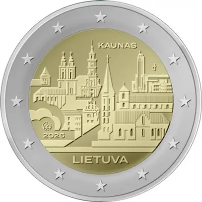 Lithuanian 2-euro commemorative coin for 2026, featuring the historical monuments and architecture of the city of Kaunas