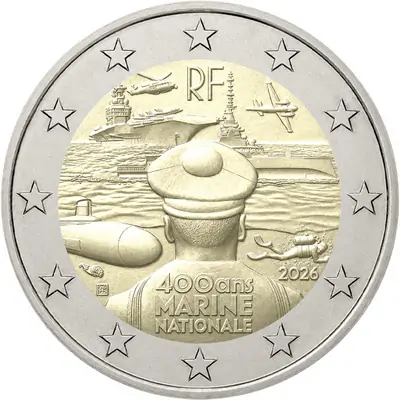 Pièce de 2 euros commémorative France 2026 célébrant le 400e anniversaire de la Marine nationale