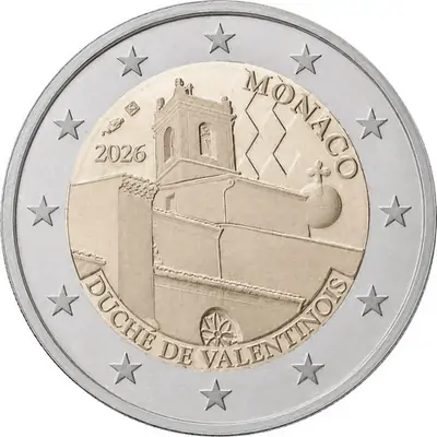 Pièce de 2 euros commémorative Monaco 2026 représentant la collégiale Sainte-Croix de Montélimar pour le duché de Valentinois